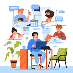 Aufkleber - Teamwork online home office, team people working, video conference and e-mail communication, vector flat illustration. Freelancers online office and teamwork, business management tasks and schedules