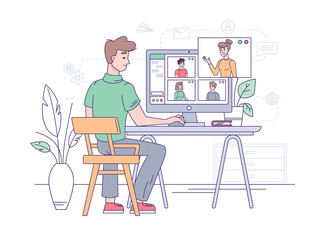 Poster - Video conference, online business call and office communication, vector flat illustration. Video conference or group chat, home office, webinar internet meeting, teamwork conversation, work and study