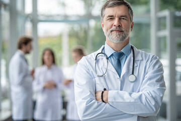 Confident smiling doctor posing in the hospital with medical team working on the background.