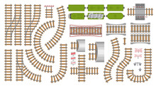 Vector Set. Railroad And Railway Tracks Construction Elements. Top View. Rails, Tunnels, Bridges, Wagons And Elements. View From Above.