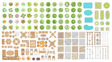 Vector Set For Landscape Design. Outdoor Furniture, Architectural Elements, Trees And Flowers. (top View) Fences, Paths, Tile, Benches, Tables, Chairs, Sun Loungers, Umbrellas. (view From Above)
