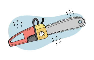 Doodle illustration of a chainsaw. Gardening power tools. The cutting of trees. Building tool.