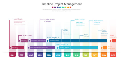 Project timeline graph for 12 months, 1 year, All month planner design and Presentation business project.