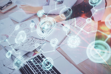 Aufkleber - Social network theme hologram over hands taking notes background. Concept of global international people connect. Double exposure