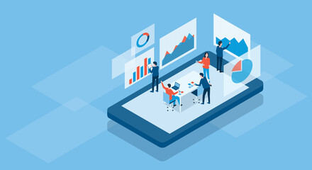 Wall Mural - Isometric business team working online concept and business finance investment team analysis graph dashboard concept