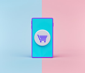 Poster - shopping cart icon on a smartphone. minimal online shopping concept. 3d rendering