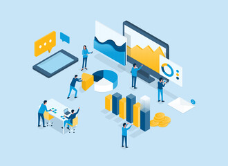 Aufkleber - Isometric business finance investment team analysis report graph on monitor dashboard concept and business team working concept