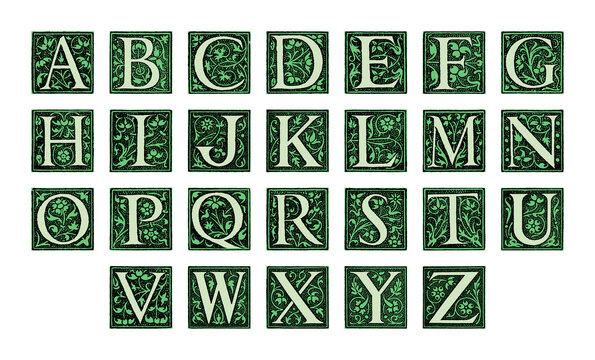 Old alphabet - decorative ornamental capital letters - vintage vector illustration from Petit Larousse Illustré 1914	
