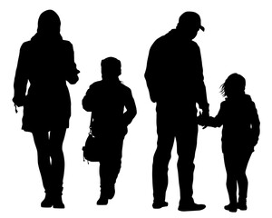 Poster - Families with little child walking on street. Isolated silhouettes of people on white background