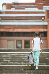 Wall Mural - Full length portrait of teenage schoolgirl crying while sitting on stairs outdoors with smiling friend comforting her, copy space