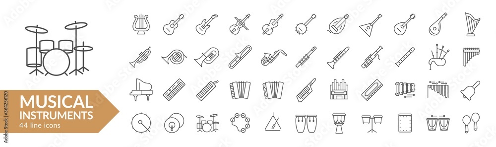 Musical instrument line icon set. Strings, winds, keyboards, percussion. Vector illustration. Collection - obrazy, fototapety, plakaty 