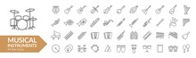Musical Instrument Line Icon Set. Strings, Winds, Keyboards, Percussion. Vector Illustration. Collection