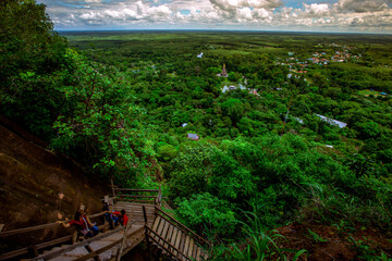 Background of wooden walkways (wooden bridges) created for high-angle views on mountains, natural attractions, or parks that have forest preservation