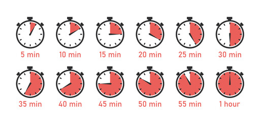 Wall Mural - Countdown Timer, Clock, Stopwatch vector icons set. Full rotation arrow timer. Set of simple timers in flat style.