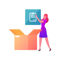 Poster - Upgrade, Free Download Concept. Woman Character Put App Icon in Box. Stream or Upload Torrent Data from Servers, Online Media Content Share Network Internet Technologies. Cartoon Vector Illustration