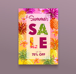 Wall Mural - Summer Sale Banner with Pineapple and Plumeria Flowers on Colorful Background. Advertising Poster with Floral Botanical Elements, Promo Ad Flyer, Concept for Store Discount Cartoon Vector Illustration