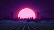 RETRO CITY SKYLINE: Neon glowing sun and starry sky | Synthwave / Retrowave / Vaporwave Background | 3D Illustration