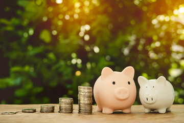 the pink and white piggy bank and money stack tower on a wooden table