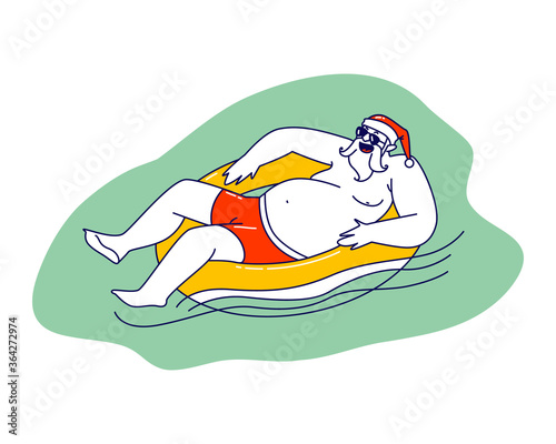 Relaxed Santa Claus Character in Hat Floating Inflatable Ring in Swimming Pool or Ocean. Christmas Vacation, Winter Holidays Tropical Recreation, Travel to Exotic Country. Linear Vector Illustration