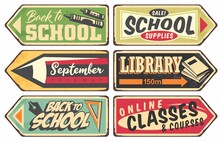 Vector School Retro Sign Set. Vintage Vector Illustration With School Supplies Books And Pencils. 