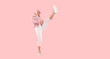 Girl power! Full length banner of young woman doing high kick in air while dancing, isolated on pink background