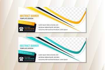 Poster - set of horizontal white banners with round triangular shapes for a photo. Universal template for a web site with text, buttons.  white background with yellow and blue gradient on element template