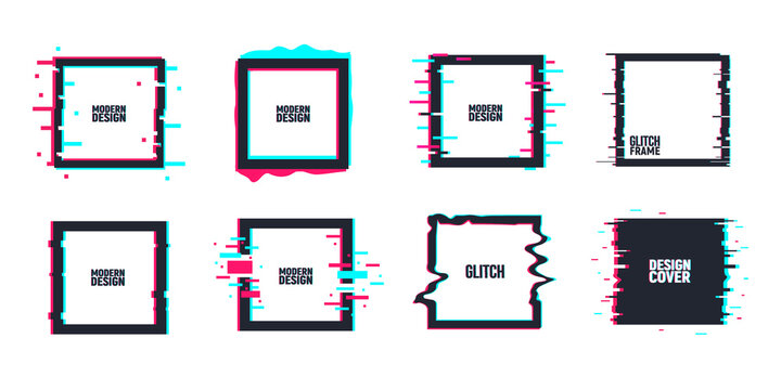 Vector set of geometric square frames in distorted glitch style. Set of square shape borders, covers. Modern background for posters, banners, flyers, covers.