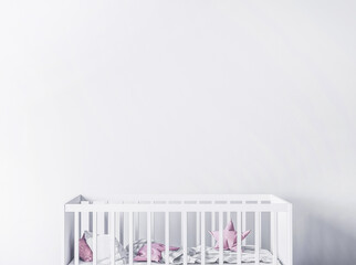 Close up for baby crib in white background, minimal design for baby girl room with white and pink color, copy space, 3d render