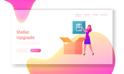 Poster - Upgrade, Free Download Landing Page Template. Woman Character Put App Icon in Box. Stream or Upload Torrent Data from Servers, Online Media Content, Internet Technologies. Cartoon Vector Illustration