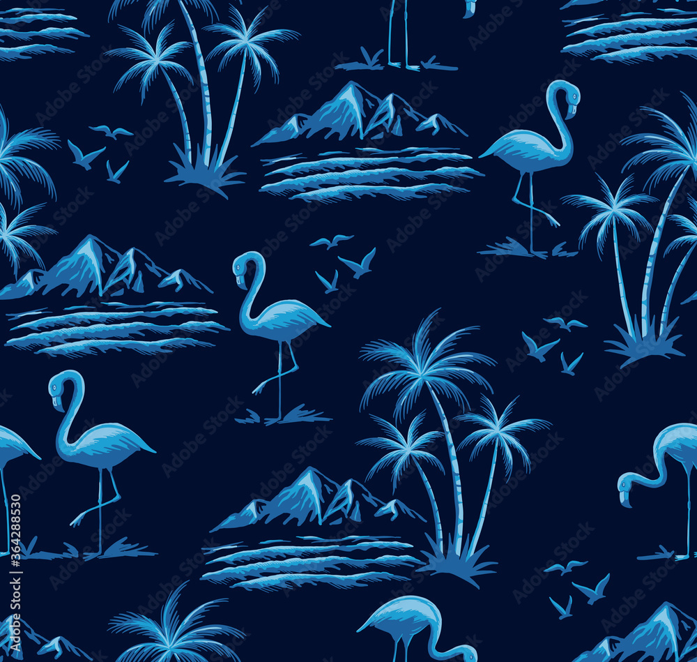 Hand drawn vector seamless island pattern on navy background. Landscape ...
