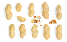 Creative Layout Made Of  Peanuts Isolated  On The White Background.  Dried Peanut Collection Closeup