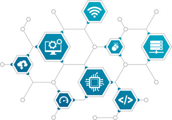 IT vector illustration. Concept with connected icons related to information technology, digital services, software, online network or computer application.