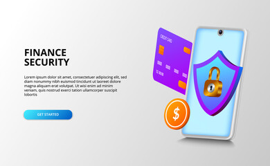 Wall Mural - modern financial security concept with 3D illustration of smartphone with credit card, coin, shield and padlock