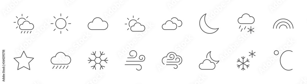 Weather Line Icons. Sun, Clouds, Snowflakes, Wind, Rainbow, Moon Editable Stroke - obrazy, fototapety, plakaty 