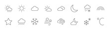 Weather Line Icons. Sun, Clouds, Snowflakes, Wind, Rainbow, Moon Editable Stroke