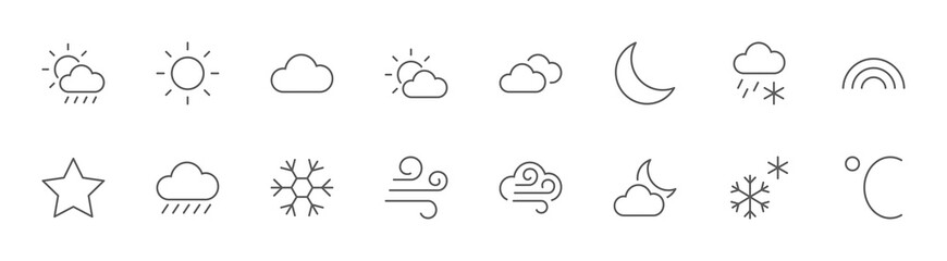 Poster - Weather Line Icons. Sun, Clouds, Snowflakes, Wind, Rainbow, Moon Editable Stroke