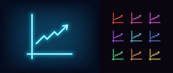 Wall Mural - Neon upward chart icon. Glowing neon growth chart sign, up arrow