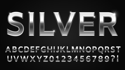 Fototapete - Silver font style. Metallic alphabet, numbers, question and exclamation marks. Shinning latin letter isolated on dark background, English abc with glowing effect vector illustration