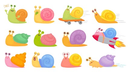 Cartoon snails. Slug on on startup rocket, skateboard and sleeping, yawning and fast vector kids characters set. Eating leaf, greeting and saying hi, different emotions as sad, happy