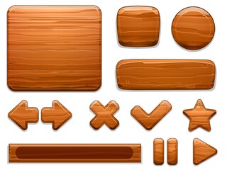 Poster - wooden ui. wood textured plate frame, cartoon banner panel and game buttons. arrow, star and play st