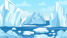 Cartoon Arctic Landscape. Icebergs, Blue Pure Water Glacier And Icy Cliff Snow Mountains. Greenland Polar Nature Panoramic Vector Background. Winter Scene With Hills And Melting Ice