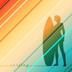 Wall Mural - woman posing with surfboard. monochrome silhouette. vintage surfing graphic for web design