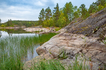 Wall Mural - Russia. Karelia. The shore of Lake Ladoga. Taiga in Russia. Lake in the Karelian forest. Karelia on the background of blue sky. Landscapes of northern nature. Coniferous trees on the lake. Cliffs