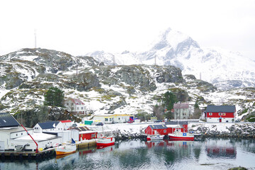 Poster - Winter in Stamsund fishing village, Norway, Europe