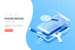 © alexandertrou - Smartphone repair service vector illustration. Disassembled smartphone in isometric view. Mobile phone repair process. Fix gadgets web banner concept.