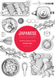 Japanese food menu restaurant. Asian food poster. Vector illustration top view.