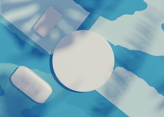 3d render top view of white blank cylinder frame for mock up and display products with shadows of palm leaves and white blue background.