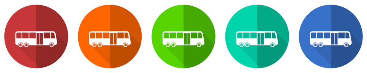 Poster - Bus icon set, red, blue, green and orange flat design web buttons isolated on white background, vector illustration
