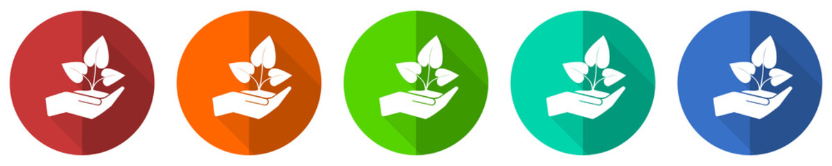Leinwandbilder - Plant care hand icon set, red, blue, green and orange flat design web buttons isolated on white background, vector illustration