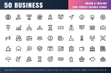 Vector of 50 Business and Financial Line Outline Icon Set. 48x48 Pixel Perfect Editable Stroke.